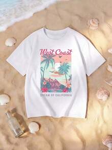 Camiseta de impresión gráfica Casual de la  oeste de la mujer, camiseta de cuello redondo de manga corta, perfecta para Streetwear de verano NLFA - Blanco - Ver 4