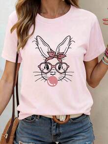 Short-Sleeved T-Shirt With A Round Neck And Cartoon Rabbit Design, Suitable For Casual Easter Wear. - Pale Pink - View 6
