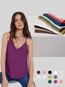 Camisola casual y versátil de verano de color blanco con cuello en V para el trayecto diario - Morado - Ver 5