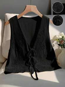 2026 Nuevo Top sin mangas con cuello en V, lazo delantero y bordado floral para mujer, ideal para vacaciones en la playa, uso casual, estilo Y2K de los 2000, primavera, graduación, fiesta de boda, vacaciones elegantes, San Valentín, carnaval, - Negro - Ver 1