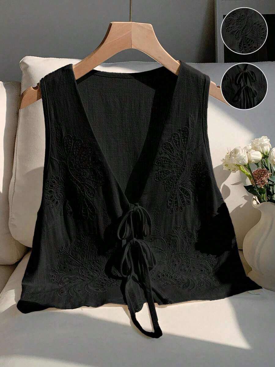 2026 Nuevo Top sin mangas con cuello en V, lazo delantero y bordado floral para mujer, ideal para vacaciones en la playa, uso casual, estilo Y2K de los 2000, primavera, graduación, fiesta de boda, vacaciones elegantes, San Valentín, carnaval, - Negro - Ver 1