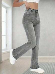 Jeans de campana clásicos y versátiles, cómodos y elásticos para adolescentes - Gris - Ver 5