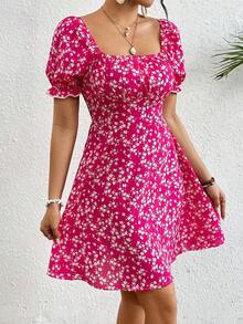 Vestido de mujer de manga corta con cuello cuadrado y estampado floral elegante, vestido de mujer con manga abullonada, vestido floral para vacaciones con cintura, vestido de verano para mujer, vestidos lindos para mujer, vestido floral rojo, vest - Rosa Fucsia - Ver 6