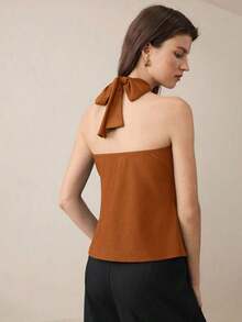Top con cuello de halter, diseño de botón de metal verde, abertura lateral, elegante y chic para uso urbano y diario, estilo romántico retro de los 90.Adecuado para Navidad, Año Nuevo, San Valentín, fiestas, playa, graduación, moda, carnaval, bod - Marrón - Ver 2