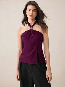 Top con cuello de halter, diseño de botón de metal verde, abertura lateral, elegante y chic para uso urbano y diario, estilo romántico retro de los 90.Adecuado para Navidad, Año Nuevo, San Valentín, fiestas, playa, graduación, moda, carnaval, bod - Rojo violeta - Ver 6
