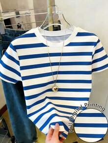 Camiseta de mujer de manga corta, cuello redondo, estampado de letras y rayas, informal, para verano - Multicolor 2 - Ver 4