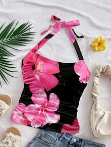 Top sin mangas ajustado de Body entero con estampado completo de leopardo, adecuado para el verano - Rosa - Ver 3