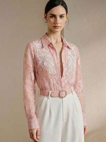 Blusa de manga larga para mujer con bordado floral delicado y decoración con cuentas, aplicación simétrica, nueva para primavera/verano - Rosa - Ver 5