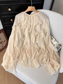 Camisa casual y elegante de mujer con mangas largas, diseño de volantes en capas y unicolor, adecuada para festivales de música/temporada de bodas, primavera/verano - Beis 2 - Ver 2