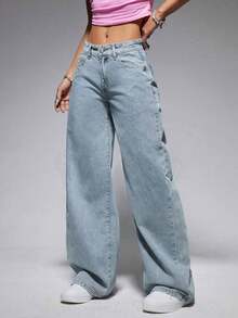 ICON Solid Color Wide Leg Pocket Jeans, Casual And Versatile - Light Wash 3 - View 9
