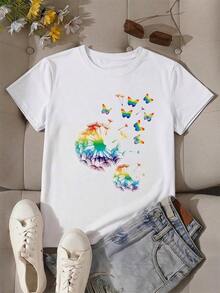 Women's Casual Olive Green T-Shirt With Round Neck And Short Sleeves, Dandelion And Butterfly Print, Regular Fit - 白色 - 查看 2