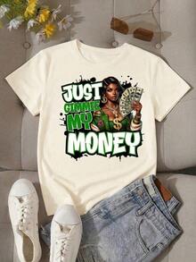 Elegant White Short Sleeve Crew Neck T-Shirt For Women, With 'Just Gimme My Money' Graphic Print, Casual Regular Fit, Polyester Top - 白色的 - 查看 3