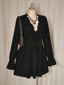 ICON Vestido mini de talla grande de unicolor casual con parches de encaje para mujer, ropa de otoño - Negro - Ver 5