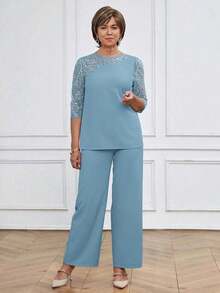 Conjunto de 2 piezas de top de manga larga y pantalones con empalme de malla bordada con lentejuelas de unicolor elegante para mujer, conjunto informal azul para primavera y verano - Celeste - Ver 5