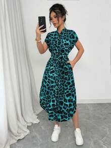 Vestido largo de manga corta para verano 2025, nuevo, con bolsillo, abertura lateral, cinturón y lazo, estampado de leopardo, para uso casual y de viaje - Verde Oliva - Ver 7