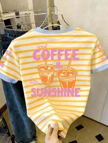 Camiseta de mujer de manga corta con cuello redondo, estampado de rayas y cara sonriente de dibujos animados, versátil para uso diario - Multicolor 4 - Ver 2