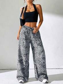 Pantalones con cordón de mujer con estampado de leopardo blanco - Gris - Ver 3