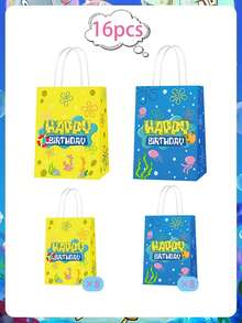 SpongeBob SquarePants SquarePants 生日禮物袋 16入 紙製手提派對伴手禮袋 2款設計（黃色與藍色）水下主題零食袋 印有「Happy Birthday」兒童禮物袋，適合主題派對、糖果袋與派對用品 - Gift bag - 查看 5