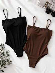 Women's Bodysuit With Thin Straps, Straight Neckline, Spandex Fabric With Padded Cups. Perfect For Parties, Christmas, New Year's, Birthdays, Day/Night, Casual, Versatile, And Suitable For Summer And Hot Weather. - 黑色和棕色 - 查看 1