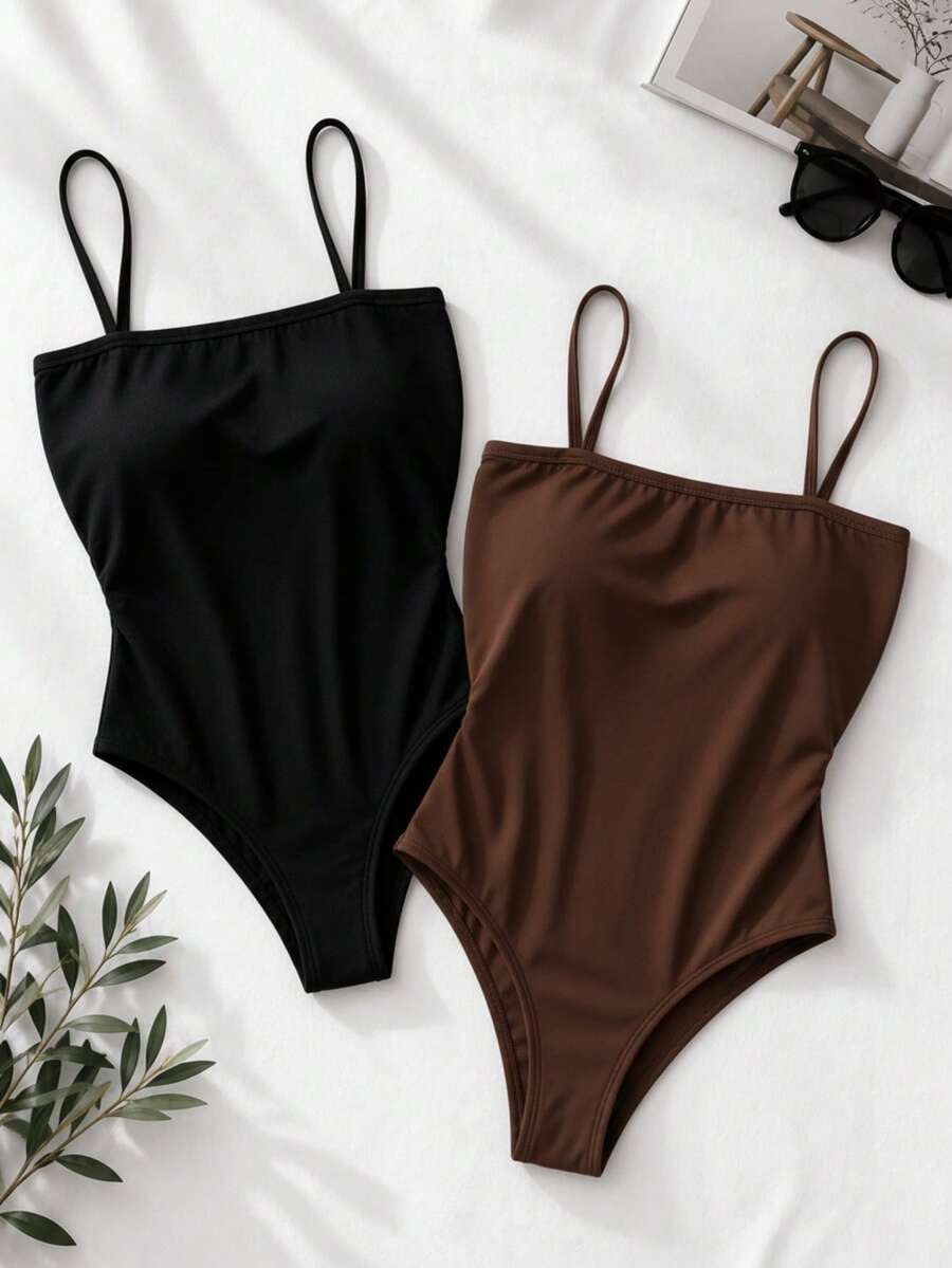 Women's Bodysuit With Thin Straps, Straight Neckline, Spandex Fabric With Padded Cups. Perfect For Parties, Christmas, New Year's, Birthdays, Day/Night, Casual, Versatile, And Suitable For Summer And Hot Weather. - 黑色和棕色 - 查看 1