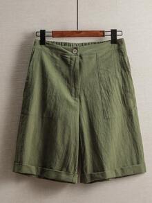 Pantalones de lino minimalistas casuales de unicolor para mujer, talla pequeña - Verde militar - Ver 3