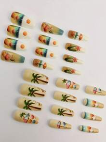 24pcs Medium-Long Beach Theme Ballet Fake Nails, Patterns Include Parasol, Seashell, Sun, Wave Elements, With Jelly Gel And Nail File, Suitable For Women's Daily, Party, Holiday, Vacation - Multicolor - View 2