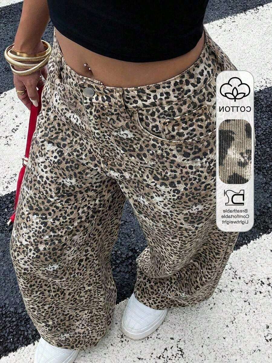 Jeans casuales sueltos, cómodos y transpirables con estampado de leopardo, estilo Y2K para mujer - Café integral 2 - Ver 1