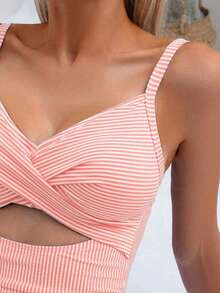 Traje de baño de una pieza sexy para mujer con rayas, encaje cruzado en la espalda - Multicolor 2 - Ver 4
