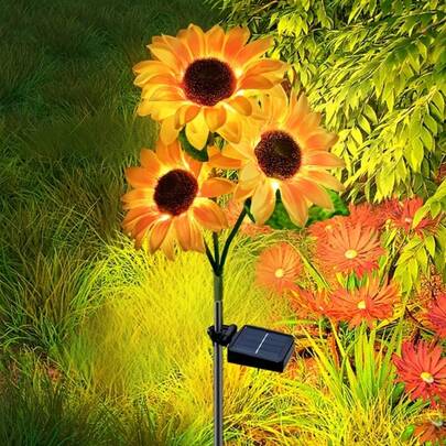 3 Đèn LED hoa hướng dương năng lượng mặt trời - Hoa nhân tạo chất lượng cao với hệ thống chiếu sáng năng lượng mặt trời, cánh hoa màu vàng rực rỡ và lá xanh, lý tưởng cho sân hiên, sân vườn, trang trí bãi cỏ, lễ Halloween, Lễ Tạ ơn, trang trí vườn ngày lễ | Hoa sân vườn sống động | Đèn LED chất lượng cao, đèn sân vườn năng lượng mặt trời