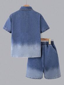2pcs Summer Boys Teen Casual Denim Gradient Color Shirt And Shorts Set - Light Wash - View 2