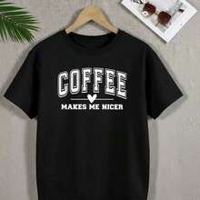 Camiseta de algodón vintage para mujer, talla grande, con estampado de café, de manga corta, estilo casual, con la impresión "El café me hace más amable", corte holgado, cuello redondo, para uso diario, tallas 0XL-5XL, tela de algodón suave y transpirable, camiseta con estampado de letras, ropa cómoda de talla grande. - Negro - Ver 1
