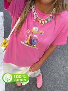 大码女式户外旅行100%纯棉彩色蜗牛图案圆领短袖休闲可爱夏季女式玫瑰红上衣T恤 - 玫紅色 - 查看 2