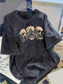 A Women's Modern Print Washed Cotton T-Shirt - 230g Thick Cotton, Urban Vintage Style, Round Neck, Short Sleeves, Machine Washable, Suitable For Casual Wear In Spring And Summer, A Unique Loose-Fitting T-Shirt For Women. - 黑色 - 查看 7