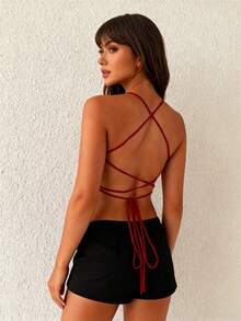 Top sin mangas con tirantes colorido estilo dopaje con lentejuelas y cordón trasero - Rojo - Ver 2