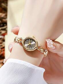 1pc/Set Vintage Twist Chain Gold Watch, Round Dial Women's Quartz Wristwatch - Gold - View 2