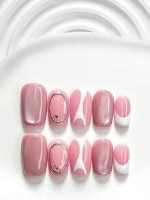 10件裝時尚清新風手工穿戴甲，Polygel美甲套組，水鑽線條設計，粉色指甲油，溫柔優雅風，含美甲工具，3種尺寸可選，方型/短方型/杏仁形，適合派對、跳舞、日常配戴 - 彩色 - 查看 17