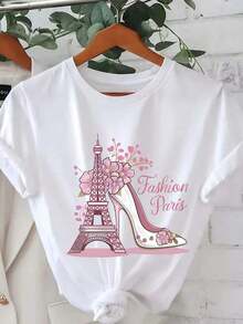 Plus Size Basic T-Shirts For Women - Casual Short Sleeve T-Shirts, Lightweight Essentials For Summer Wardrobe, Parisian Style Eiffel Tower Floral Print Short Sleeve T-Shirt For Women - Comfortable Round Neck Loose Fit Top, Modern And For Casual Summer And Spring Travel And Vacation, Comfortable Fabric, Vibrant Digital Print, Breathable And Comfortable. - 白色 - 查看 10