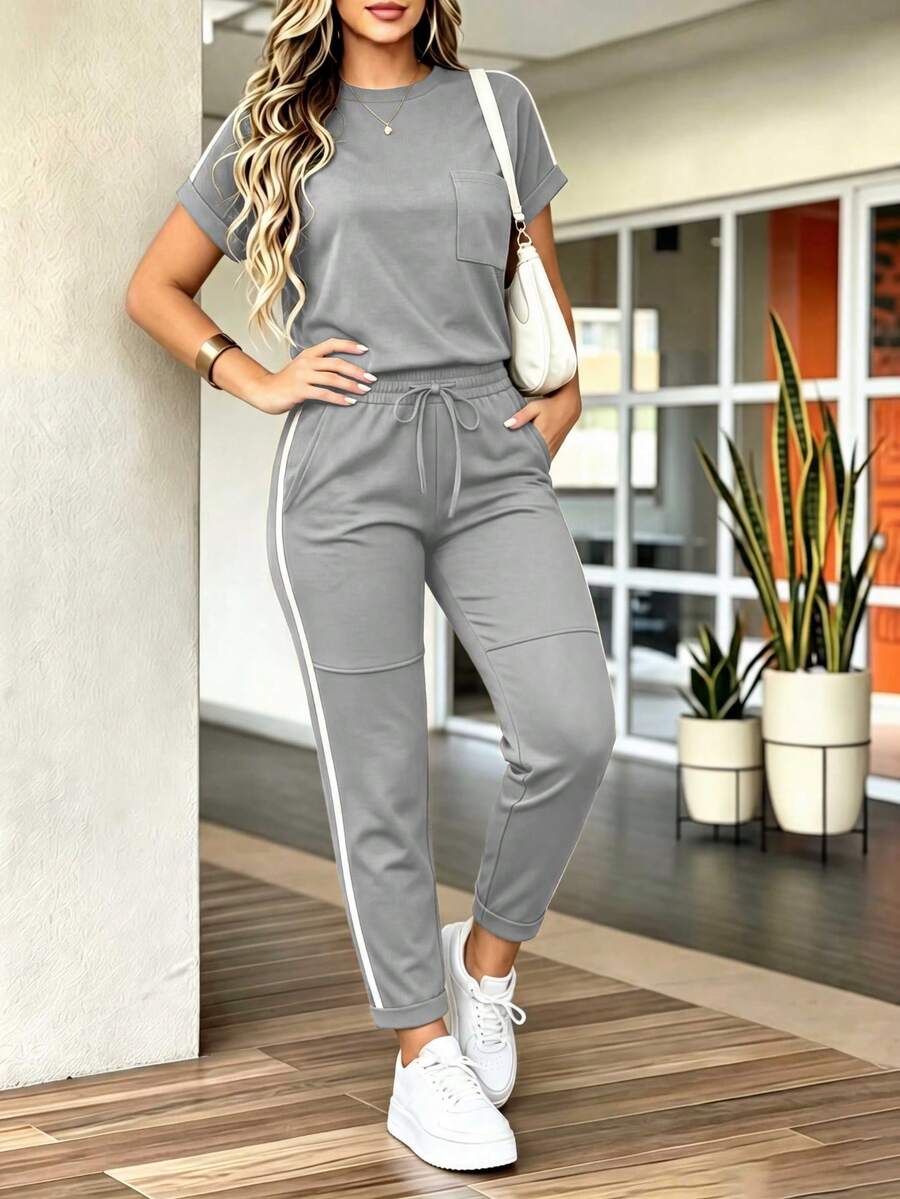 Bộ đồ nữ mới gồm áo thun cổ tròn tay ngắn và quần ống rộng cạp chun, thích hợp cho mùa xuân, hè và thu, kiểu dáng thanh lịch. - Xám - Xem 1