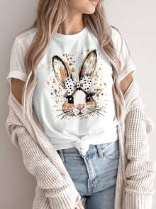 Camiseta deportiva casual vintage para mujer, camiseta de cuello redondo, con diseño de lazo y conejo, dulce y adorable, estilo femenino, adecuada para citas, regalo de Pascua, diseño de lazo y conejo, divertida, de Pascua, top cómodo para todas las estaciones. - Blanco - Ver 1