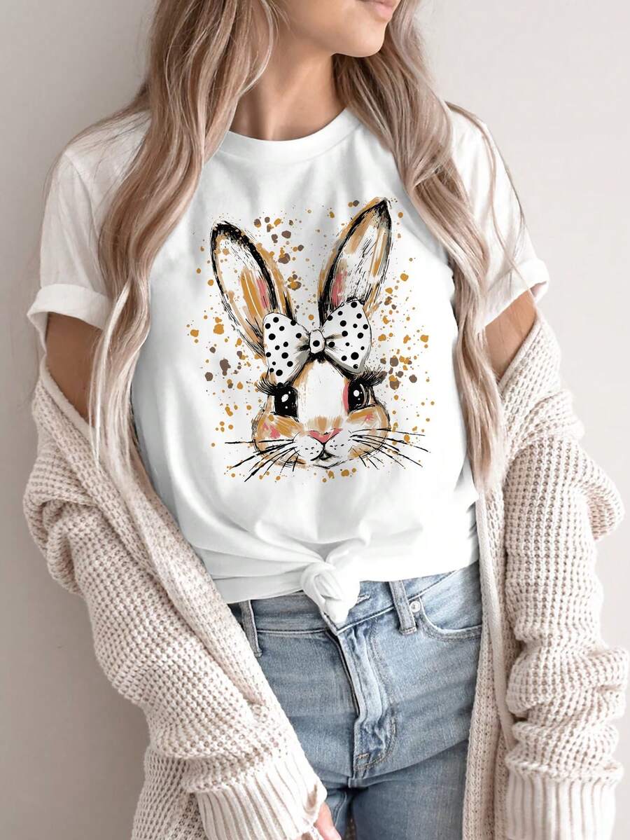 Camiseta deportiva casual vintage para mujer, camiseta de cuello redondo, con diseño de lazo y conejo, dulce y adorable, estilo femenino, adecuada para citas, regalo de Pascua, diseño de lazo y conejo, divertida, de Pascua, top cómodo para todas las estaciones. - Blanco - Ver 1