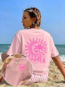 Camiseta deportiva casual versátil de verano para mujer, con estampado de palmeras y sol, estilo vintage dulce y fresco, ideal para vacaciones en la playa, uso diario en casa, salidas o como regalo de moda. - Negro - Ver 10
