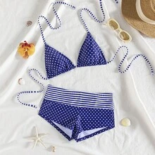 wohenmeili Bộ bikini gợi cảm buộc dây cổ, họa tiết chấm bi, dành cho nữ, thích hợp mặc đi biển mùa hè. - màu xanh hải quân và chấm trắng - Xem 4