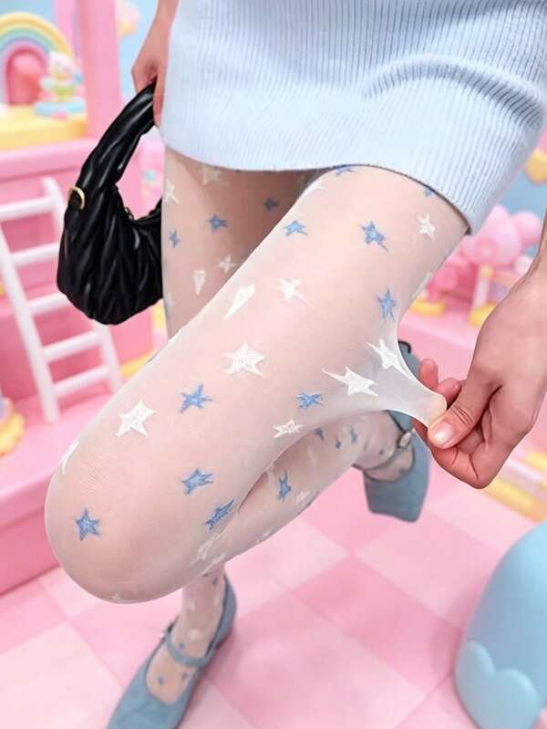 1双蓝白星形印花可爱性感JK风丝袜