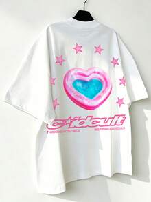 OVDY Camiseta unissex vintage com estampa de coração, tamanho grande, modelagem solta, ideal para festivais de música. - Branco - Ver 2