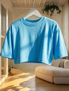 Blusa de mujer de cuello redondo, manga corta, holgada y casual, adecuada para primavera y verano, con estilo minimalista, elegante y sexy Y2K, versátil para el trabajo, el hogar y salir - Azul - Ver 8