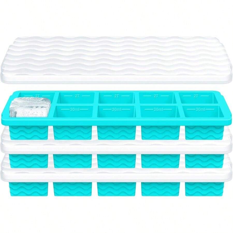 Cube Tray With Lid - 3 Pack 2 Tbsp Trays Freezer, Stackable, BPA- Easy Release Large Cube Molds Chocolate, Cocktails, Iced Coffee, Whiskey (10-Cube, Blue) - 10-cube,Blue - View 1