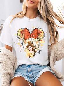 -Style Women's Graphic Tee Featuring A Watercolor  Head Bow Design With Princess Belle In The Background.This Women's Summer Clothing Features A Crew Neck And Is Made From Soft, Comfortable 100% Cotton Fabric.Perfect For Everyday Wear, Outdoor Activities, Or Shopping Outings.Also Ideal As Women's Vacation Wear. - 1 - 查看 1