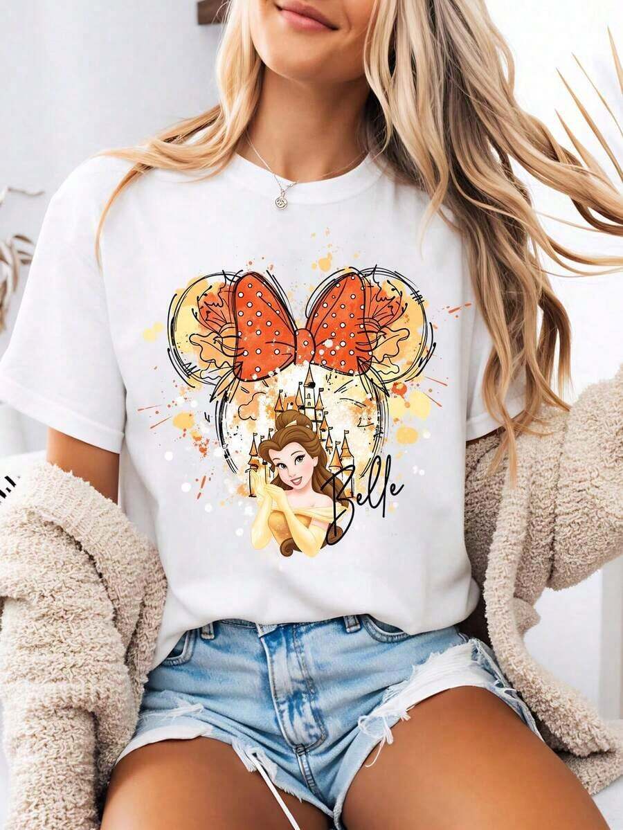 -Style Women's Graphic Tee Featuring A Watercolor  Head Bow Design With Princess Belle In The Background.This Women's Summer Clothing Features A Crew Neck And Is Made From Soft, Comfortable 100% Cotton Fabric.Perfect For Everyday Wear, Outdoor Activities, Or Shopping Outings.Also Ideal As Women's Vacation Wear. - 1 - 查看 1