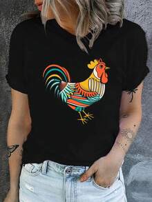 Camiseta Casual con Estampado de Pollo, Cuello Redondo, Manga Corta, para Primavera y Verano, Ropa de Mujer, 100% Algodón, Duradera - Negro - Ver 7