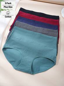 5pcs Plus Size Women's High Waist Comfortable Soft Pure Cotton Full Coverage Panties, Multicolor - Multicolor - View 8